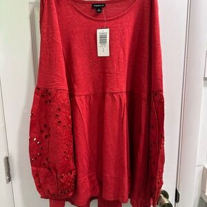 Cotton Modal Slub Scoop Neck Eyelet Sleeve Inset Babydoll Top NWT